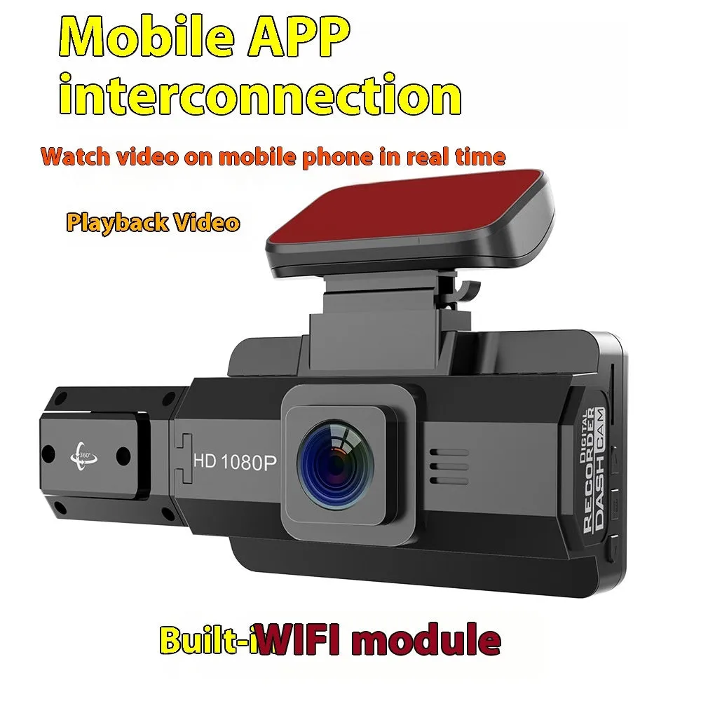 Front view of a car dashboard camera with a 3-inch screen mounted on a windscreen.