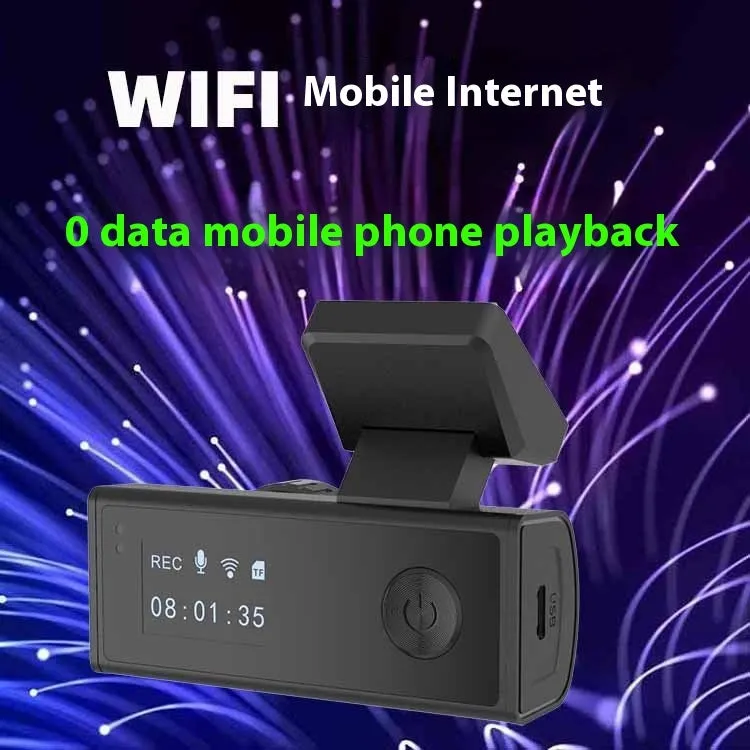 Black wifi connected car dashcam with touch screen and wide angle lens