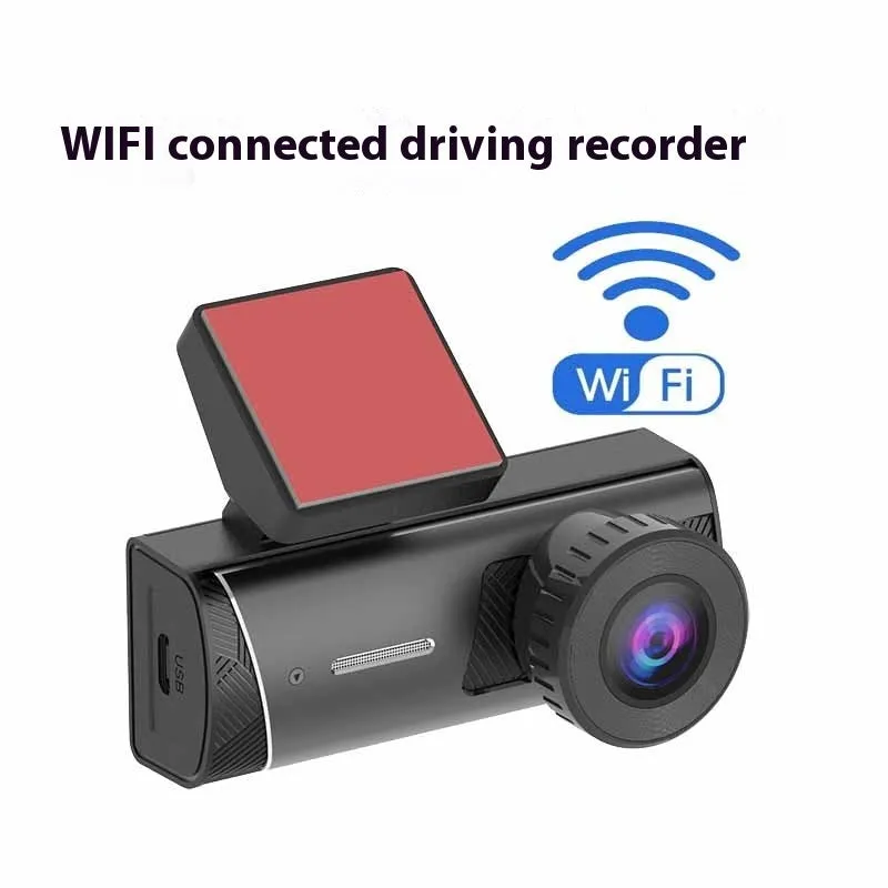 Black wifi connected car dashcam with touch screen and wide angle lens