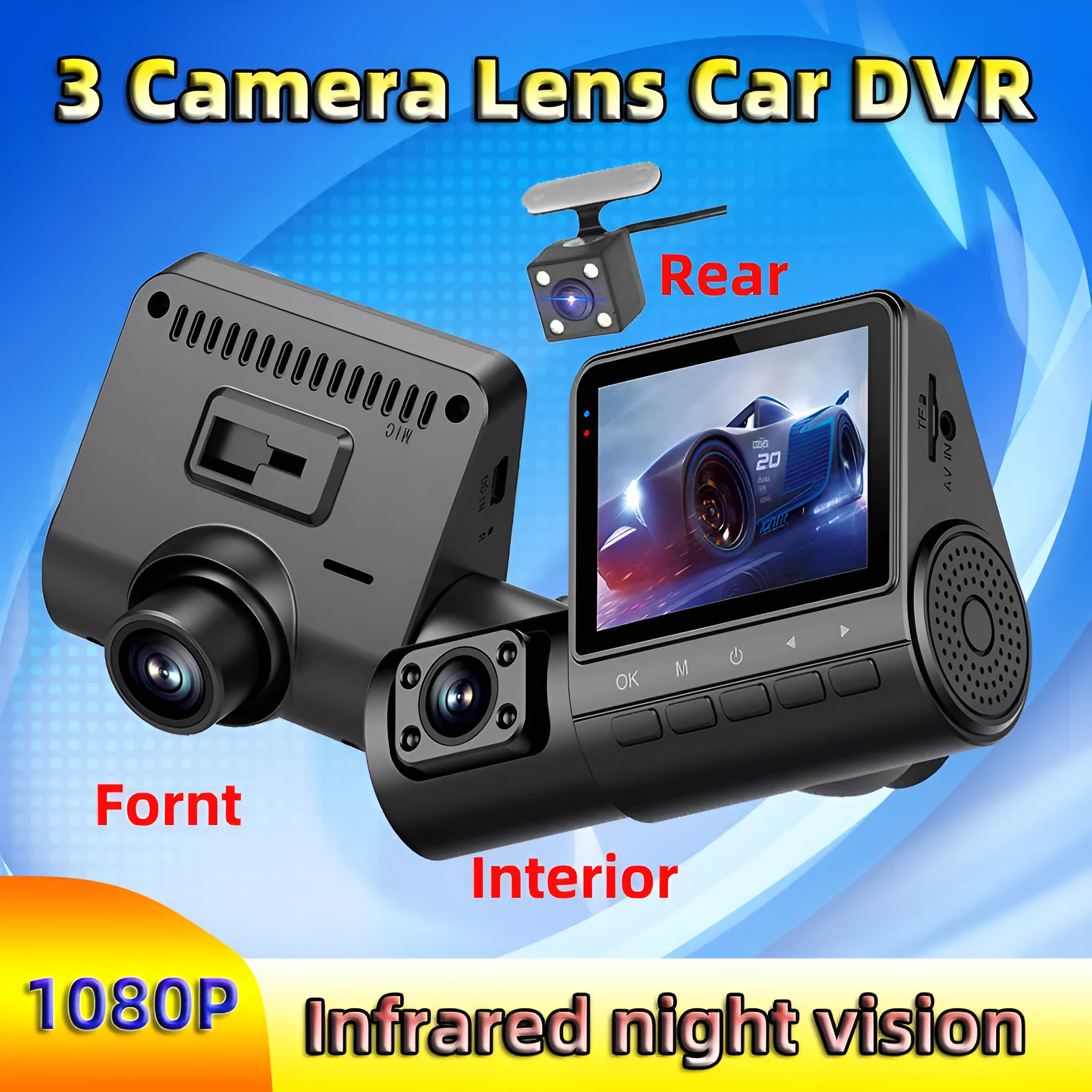 Black 1080P car dash cam with touch screen and wide-angle lens for vehicle recording