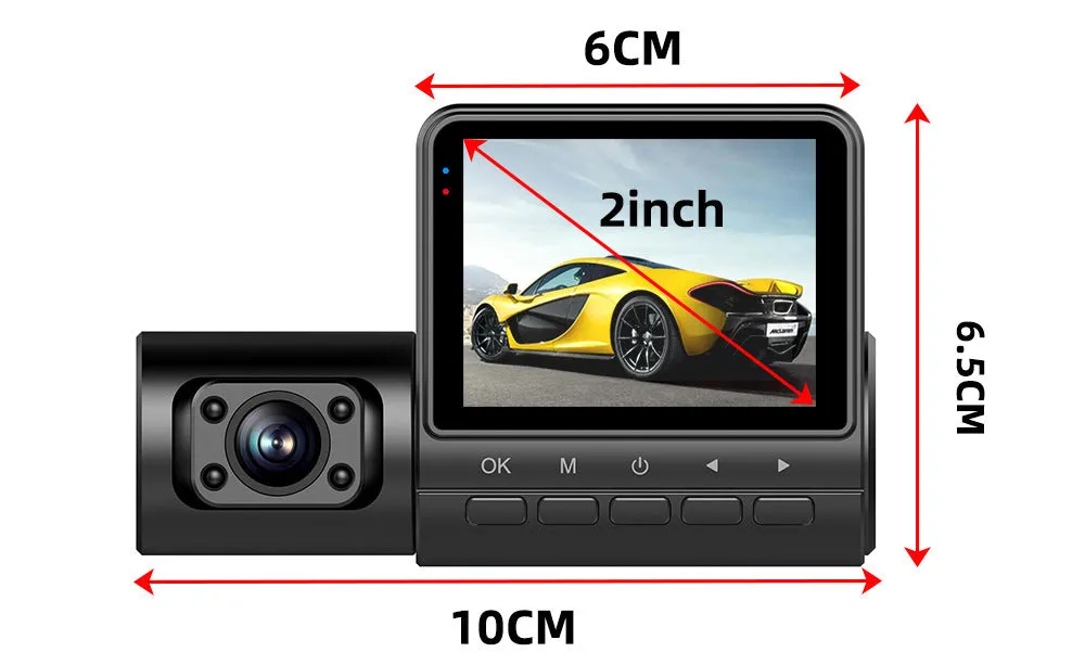 Black 1080P car dash cam with touch screen and wide-angle lens for vehicle recording