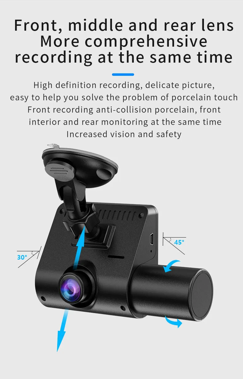 Black 1080P car dash cam with touch screen and wide-angle lens for vehicle recording