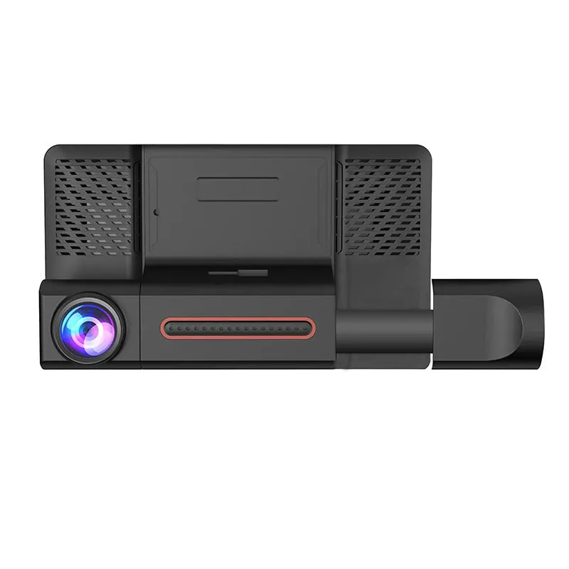 Black 4-inch touch screen car dash cam with three lenses for front, rear, and interior recording