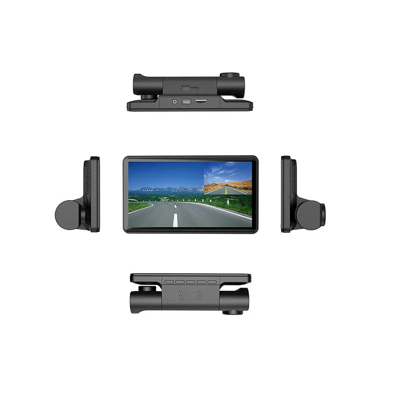 Black 4-inch touch screen car dash cam with three lenses for front, rear, and interior recording