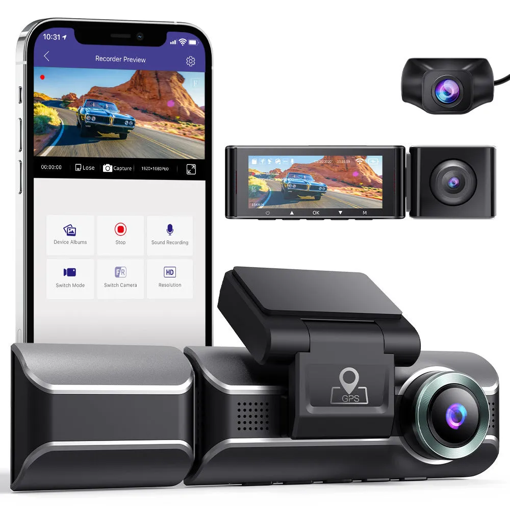 2K resolution driving recorder dash cam with front and rear cameras on 3-inch screen display