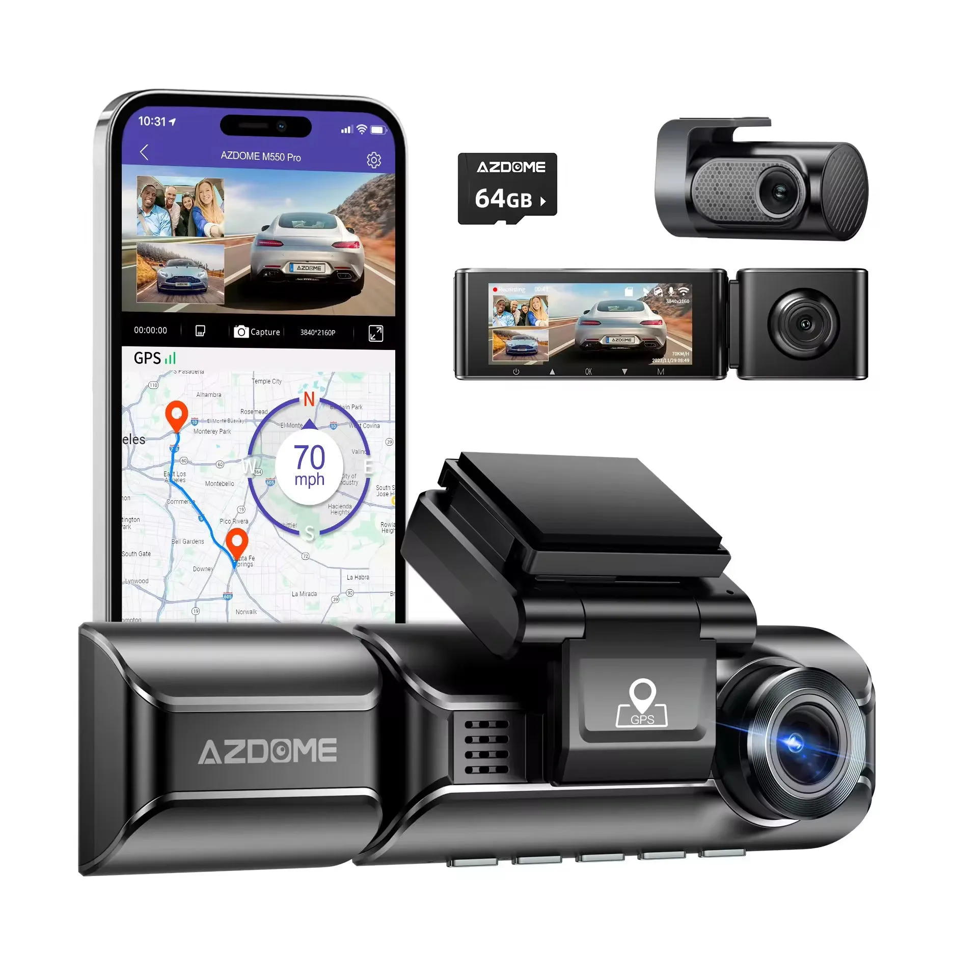 2K resolution driving recorder dash cam with front and rear cameras on 3-inch screen display