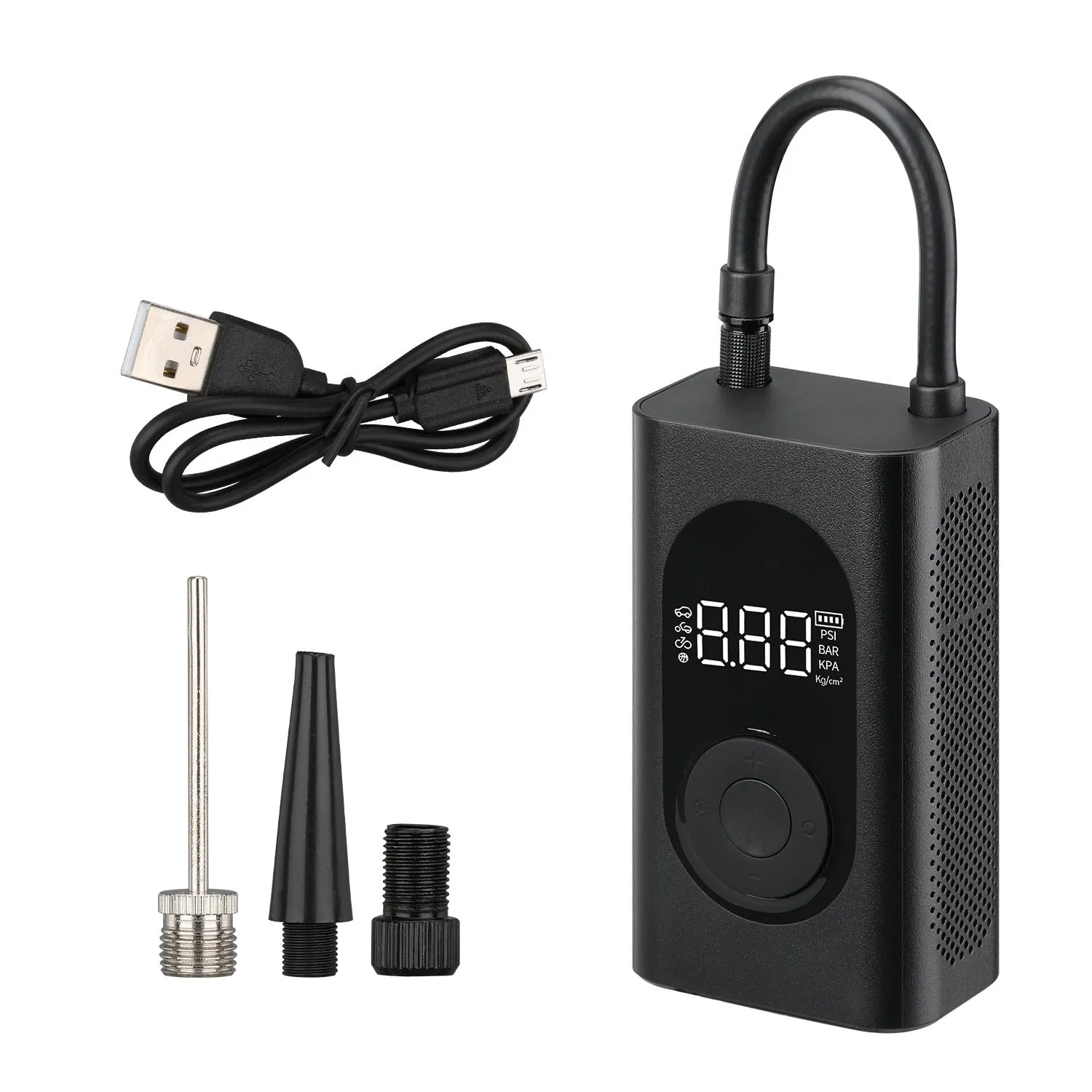 Portable wireless tyre pump with power bank and flashlight functions for multiple vehicles