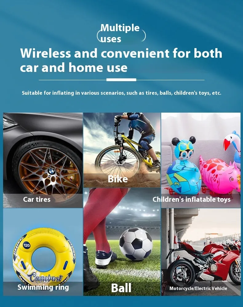 Portable wireless tyre pump with power bank and flashlight functions for multiple vehicles