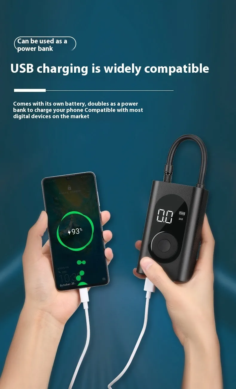 Portable wireless tyre pump with power bank and flashlight functions for multiple vehicles