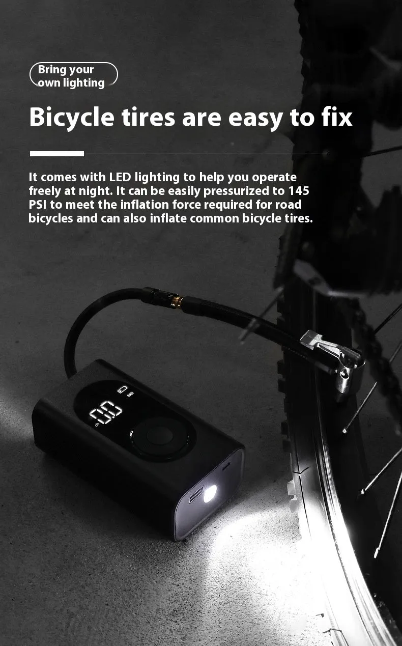 Portable wireless tyre pump with power bank and flashlight functions for multiple vehicles