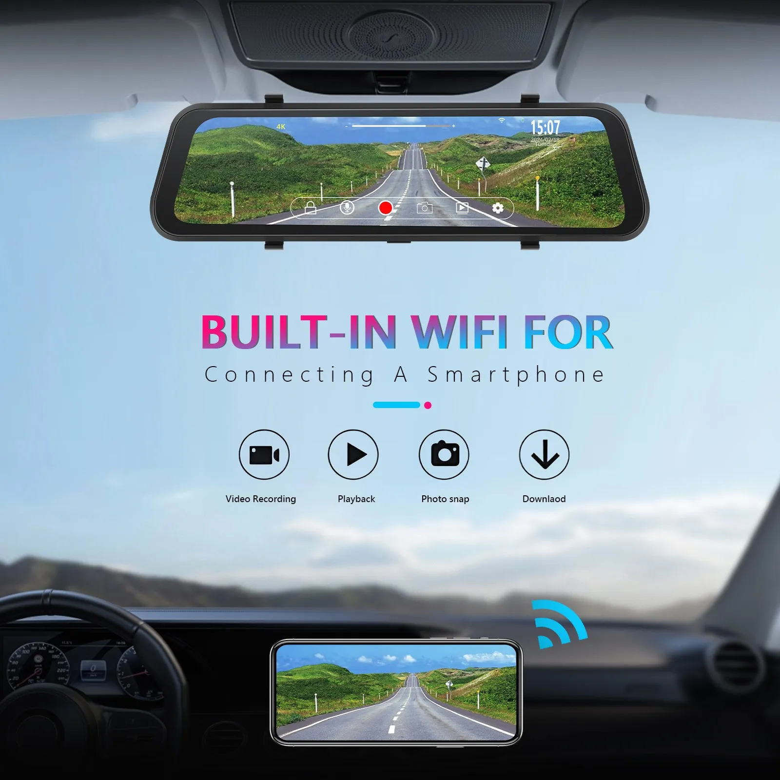 9.66 inch streaming media rear view mirror dash cam with dual cameras and touch screen display