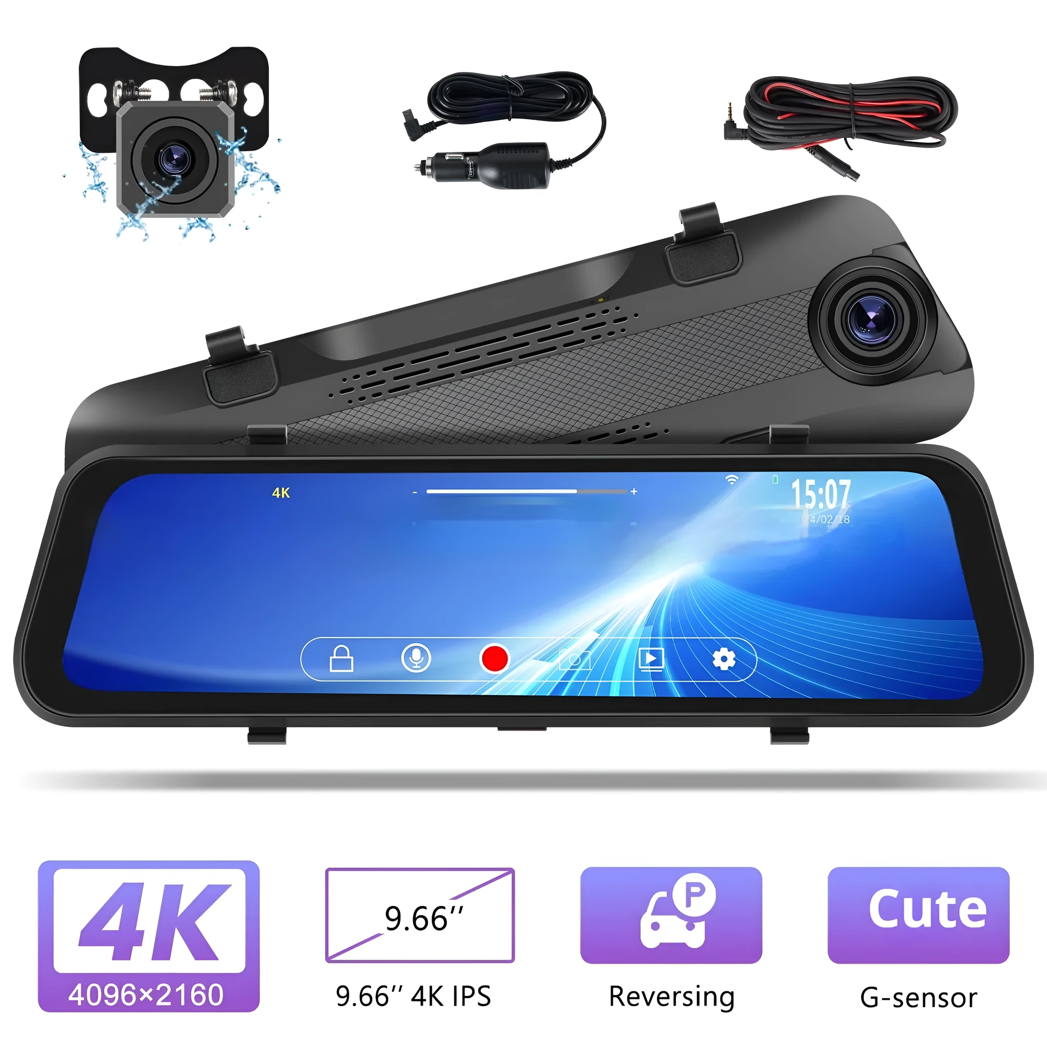 9.66 inch streaming media rear view mirror dash cam with dual cameras and touch screen display