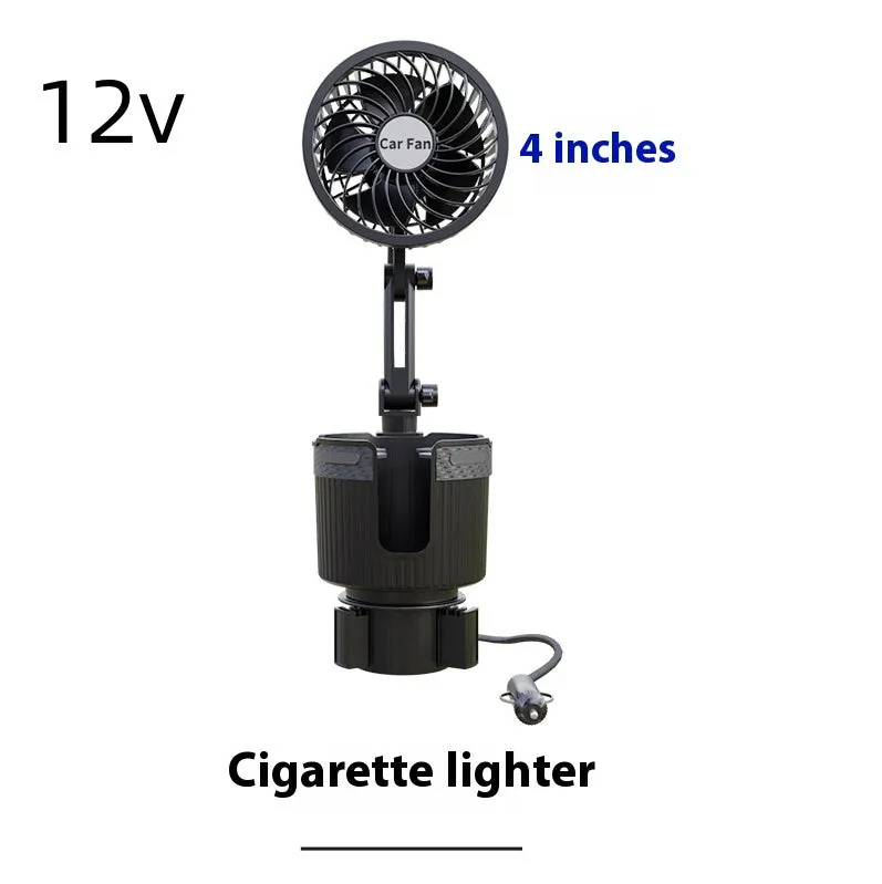 Car water cup holder fan in ABS plastic available in 4-inch and 6-inch sizes with multiple power connection options.