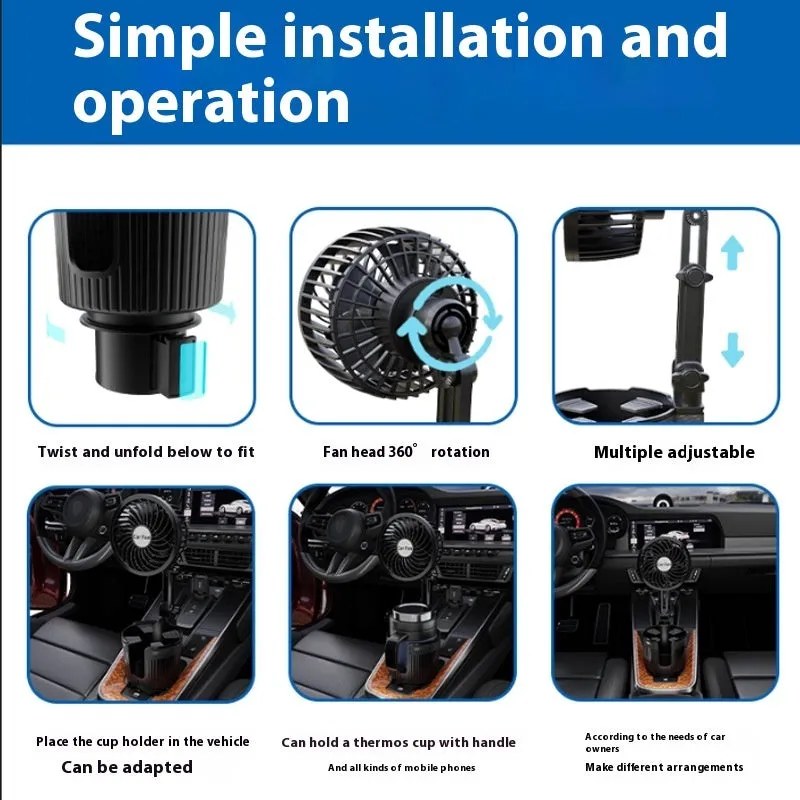 Car water cup holder fan in ABS plastic available in 4-inch and 6-inch sizes with multiple power connection options.
