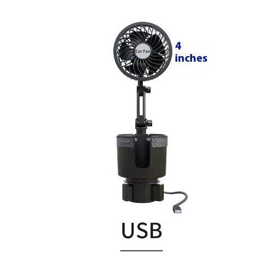 Car water cup holder fan in ABS plastic available in 4-inch and 6-inch sizes with multiple power connection options.
