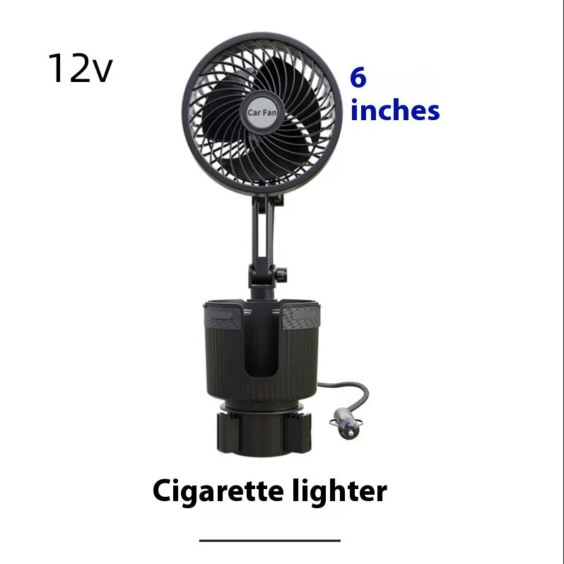 Car water cup holder fan in ABS plastic available in 4-inch and 6-inch sizes with multiple power connection options.
