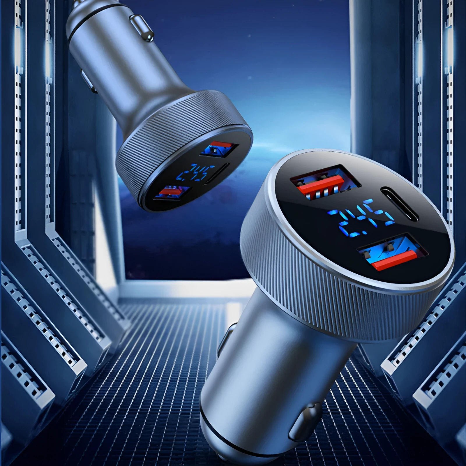 Black aluminium alloy car charger with digital display showing voltage and three cigarette lighter sockets