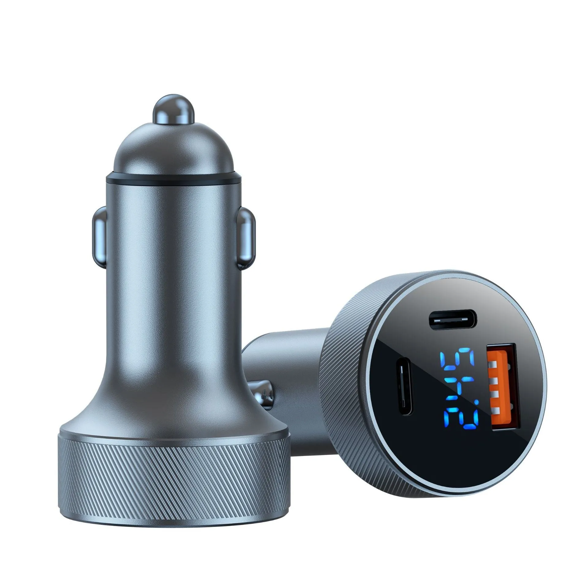 Black aluminium alloy car charger with digital display showing voltage and three cigarette lighter sockets