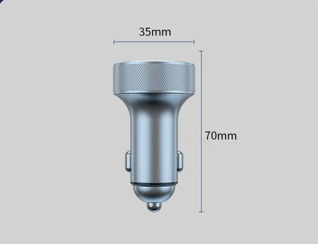 Black aluminium alloy car charger with digital display showing voltage and three cigarette lighter sockets