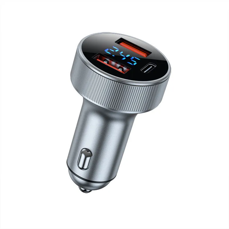 Black aluminium alloy car charger with digital display showing voltage and three cigarette lighter sockets