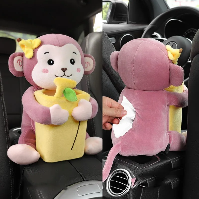 Plush car tissue box trash can two-in-one unit with animal design for General Motors vehicle armrest
