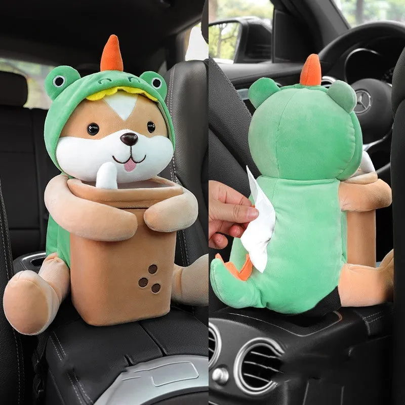 Plush car tissue box trash can two-in-one unit with animal design for General Motors vehicle armrest