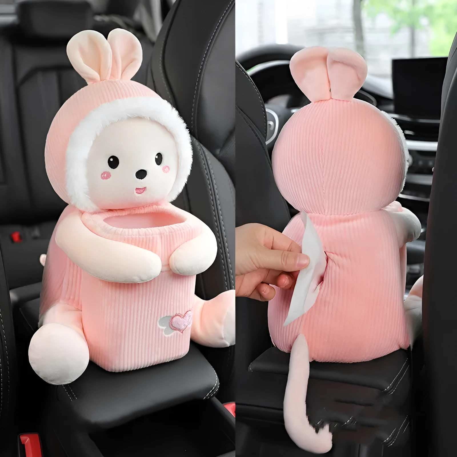 Plush car tissue box trash can two-in-one unit with animal design for General Motors vehicle armrest