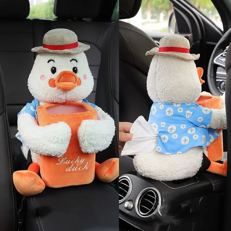 Plush car tissue box trash can two-in-one unit with animal design for General Motors vehicle armrest