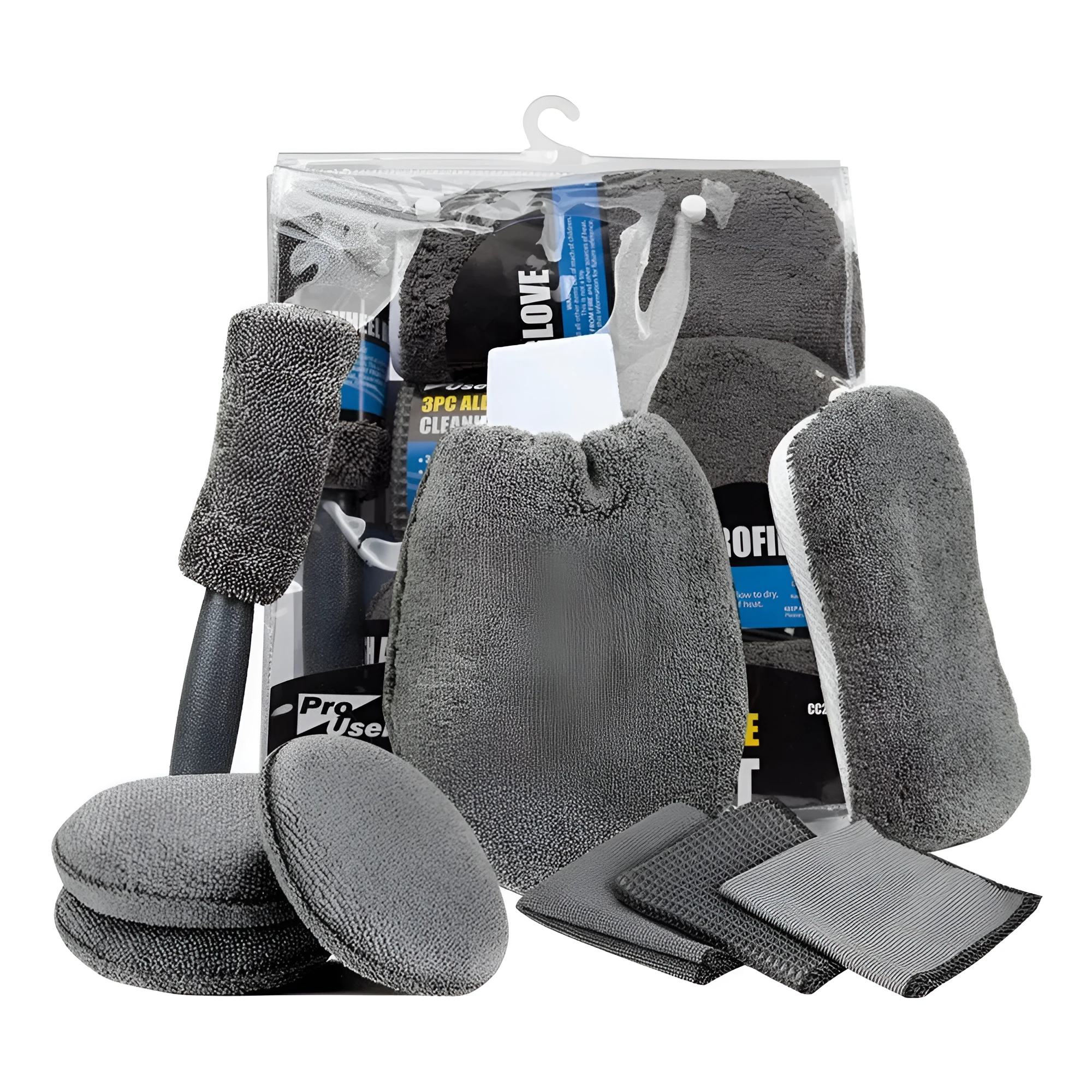 9-piece grey microfiber car wash cleaning set with gloves, sponge, brush, wipes and towels