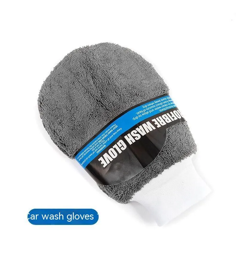 9-piece grey microfiber car wash cleaning set with gloves, sponge, brush, wipes and towels