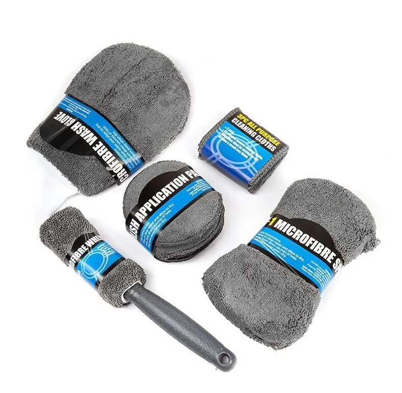 9-piece grey microfiber car wash cleaning set with gloves, sponge, brush, wipes and towels