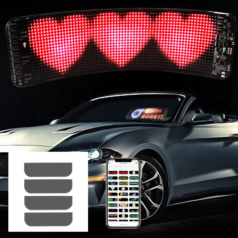 Black flexible LED screen for car rear windscreen with USB cable and Bluetooth control.