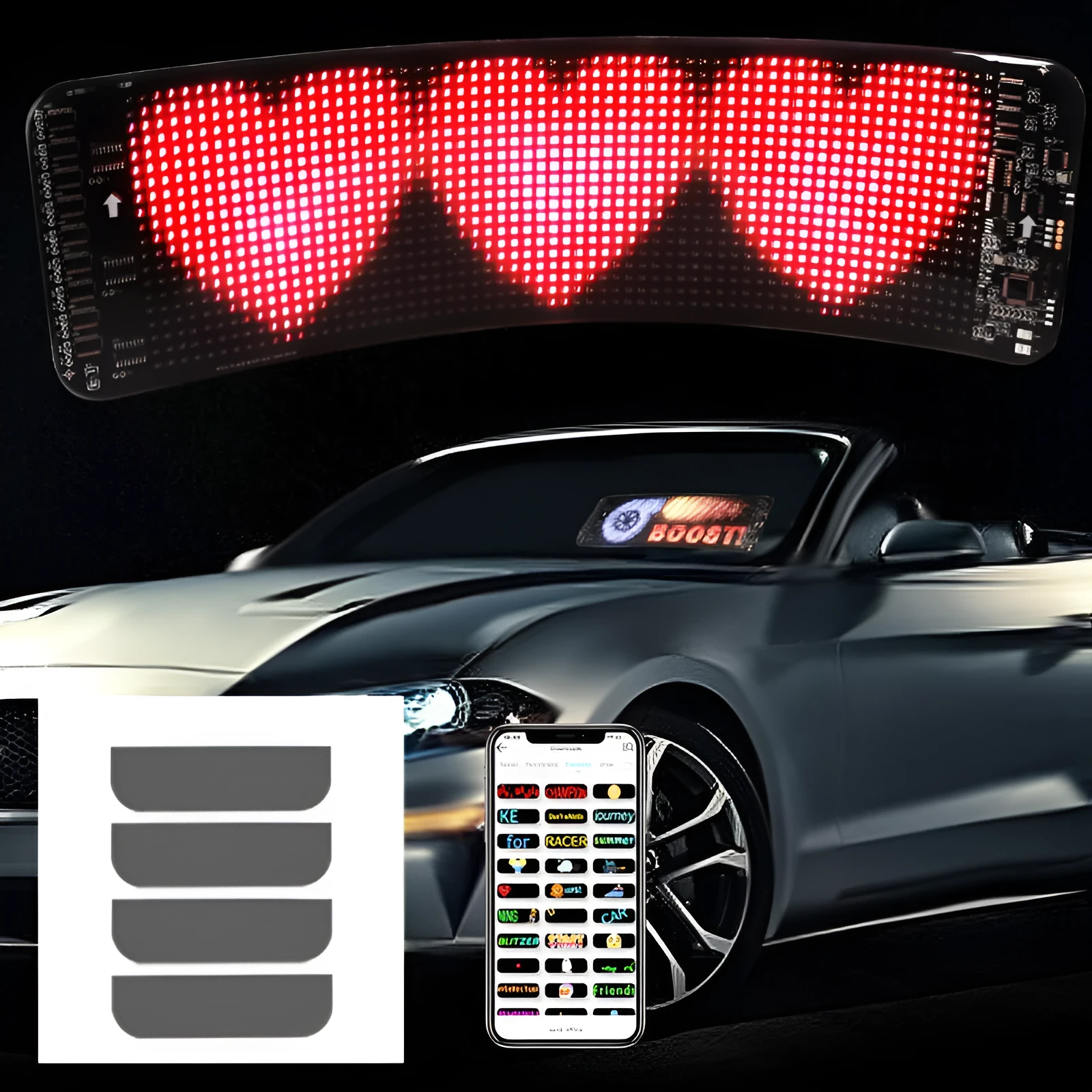 Black flexible LED screen for car rear windscreen with USB cable and Bluetooth control.