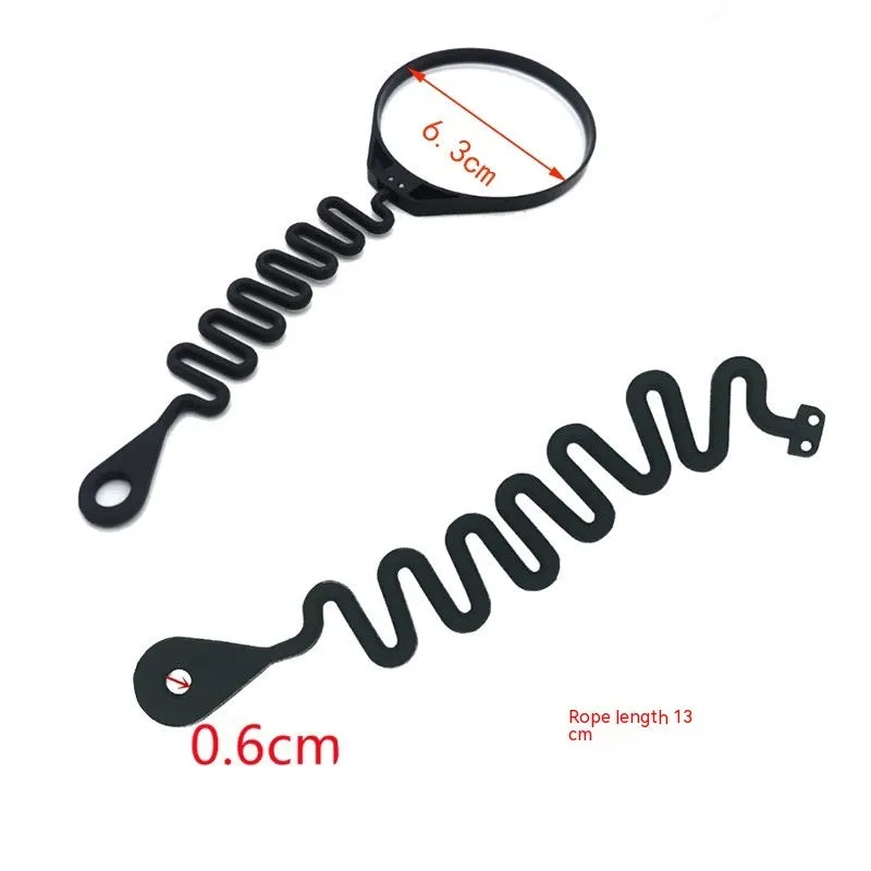 Black rubber fuel cap tether for Volvo cars, shown in round band and separate rope styles.