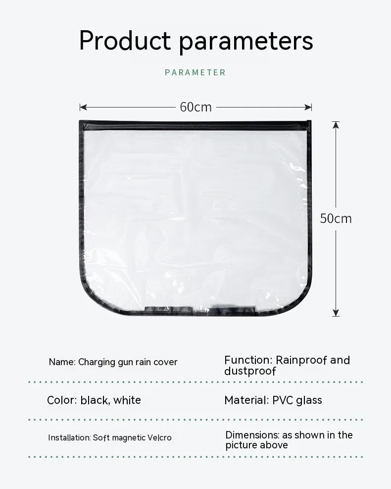 Black electric vehicle charging rain cover with magnetic strips unfolded to show 60cm x 50cm size