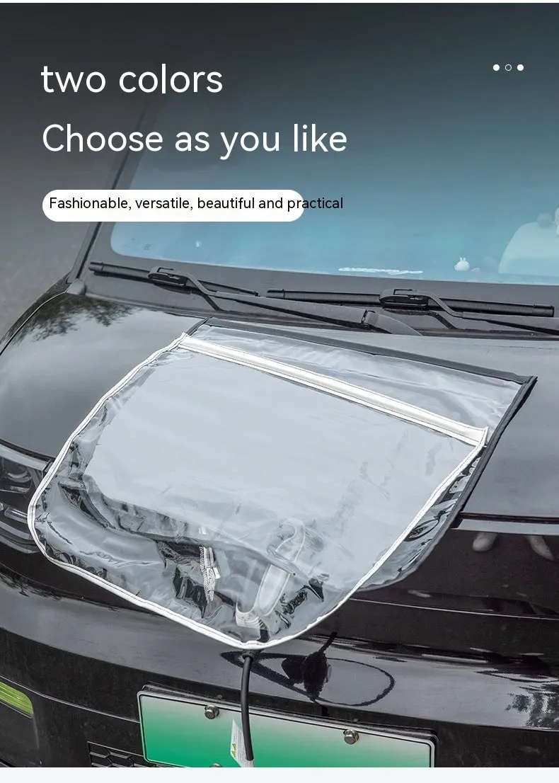 Black electric vehicle charging rain cover with magnetic strips unfolded to show 60cm x 50cm size