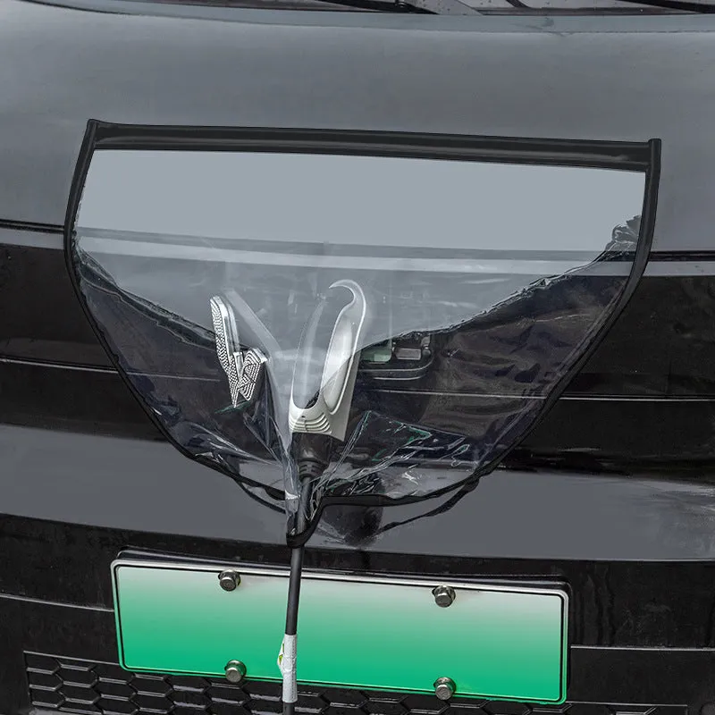 Black electric vehicle charging rain cover with magnetic strips unfolded to show 60cm x 50cm size