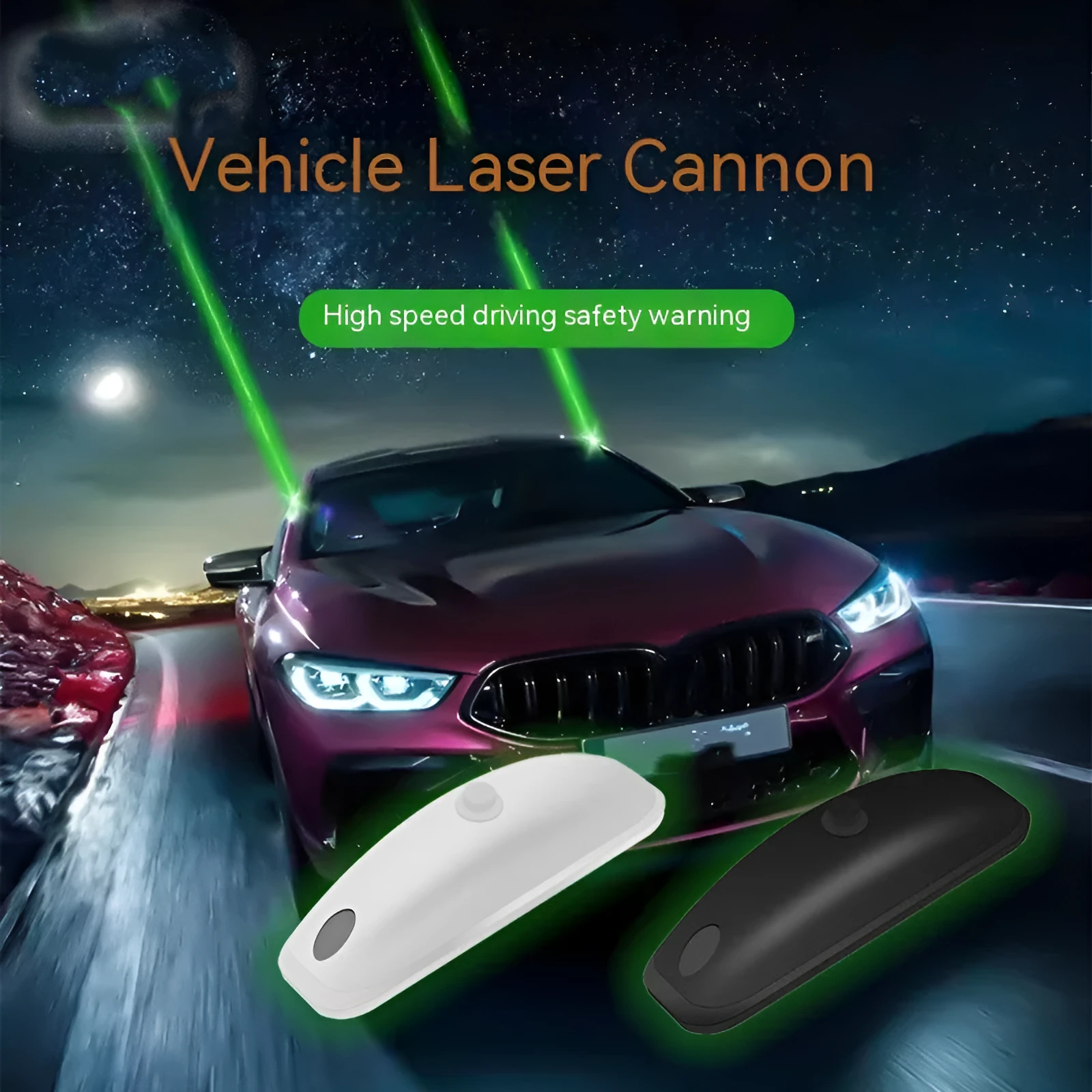 Black vehicle-mounted remote control laser lamp with USB cable and remote on car surface