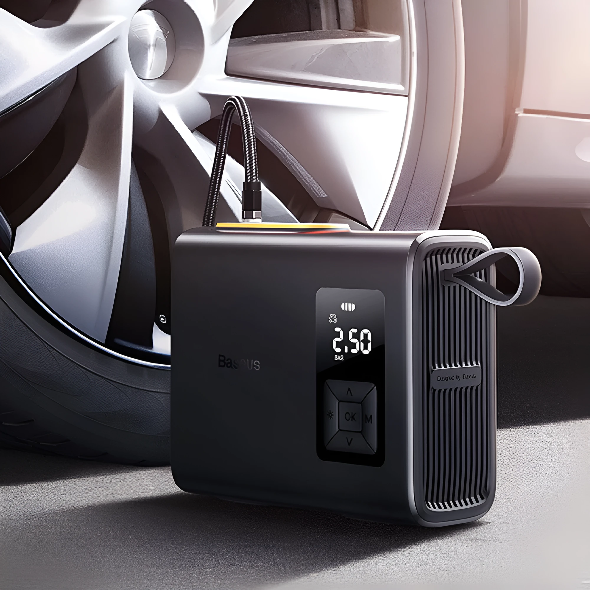 Black portable wireless car tyre electric inflator pump with LED light and digital display.