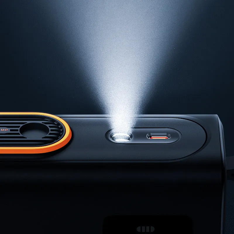 Black portable wireless car tyre electric inflator pump with LED light and digital display.