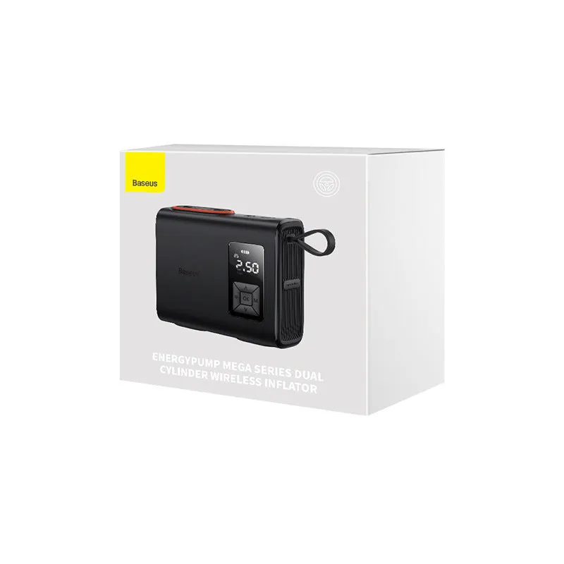 Black portable wireless car tyre electric inflator pump with LED light and digital display.