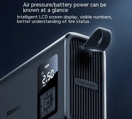 Black portable wireless car tyre electric inflator pump with LED light and digital display.