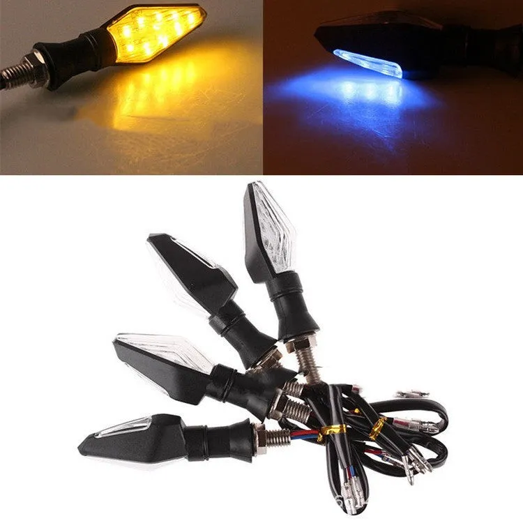 Motorcycle plastic LED turn signal indicator with double-sided luminous design in yellow and blue light options