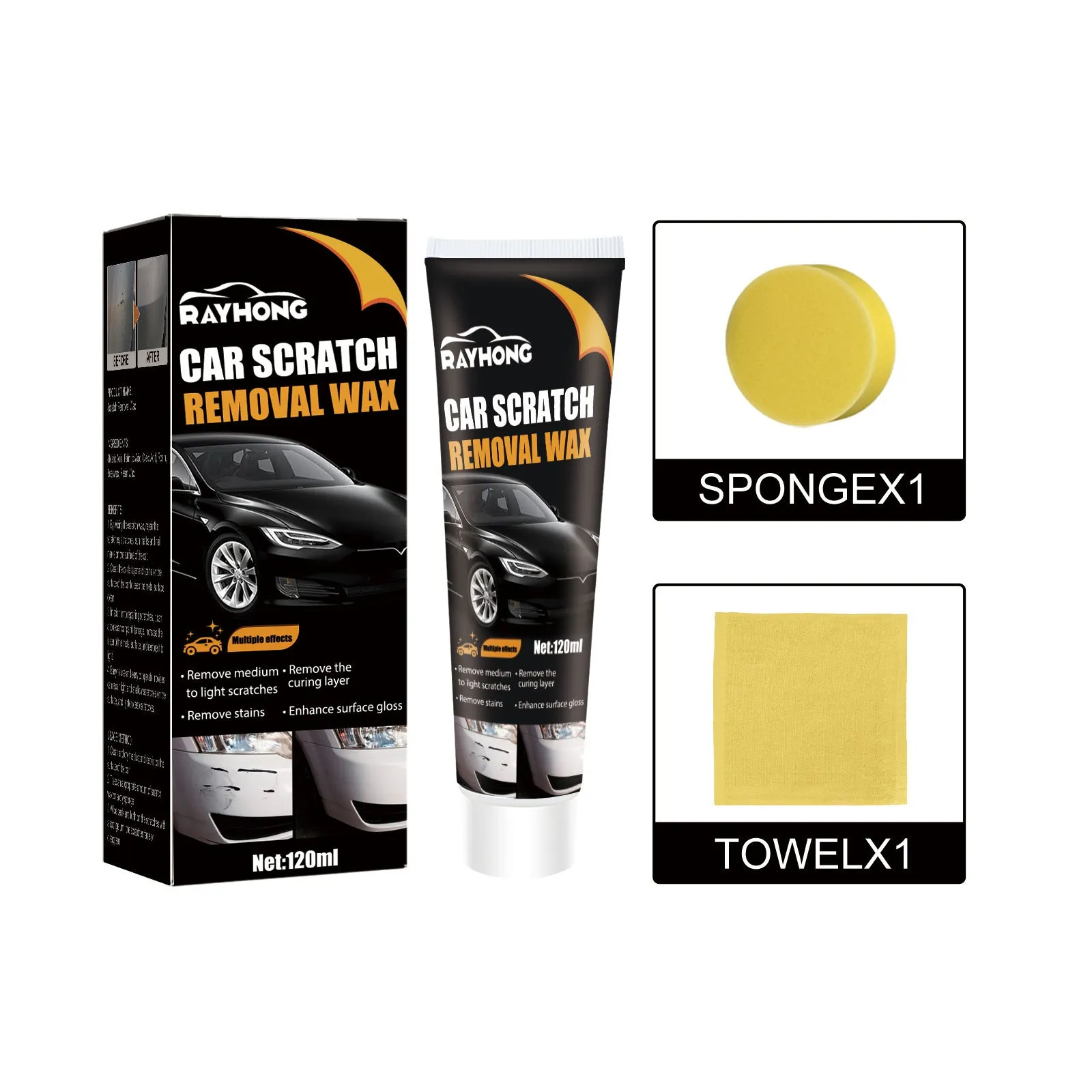 120ml car scratch wax kit with sponge and towel for paint polishing.