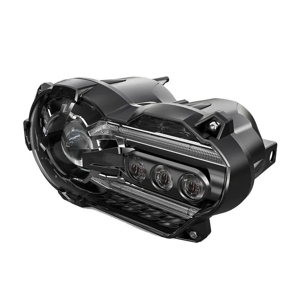 Black LED motorcycle headlight unit showing dimensions of 267mm width and 127mm height.