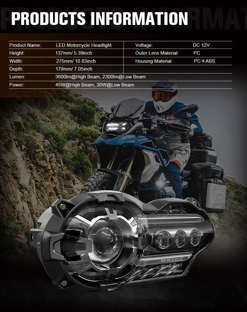 Black LED motorcycle headlight unit showing dimensions of 267mm width and 127mm height.