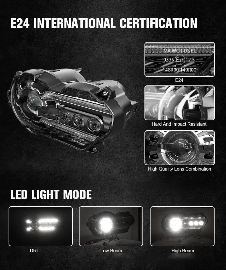 Black LED motorcycle headlight unit showing dimensions of 267mm width and 127mm height.