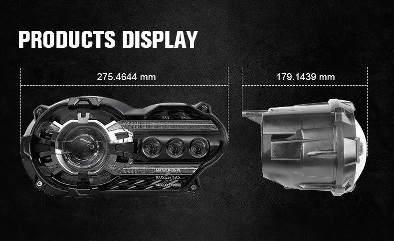 Black LED motorcycle headlight unit showing dimensions of 267mm width and 127mm height.