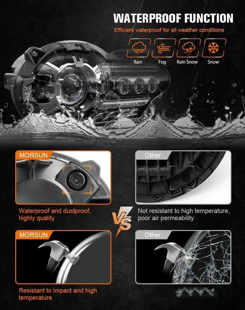 Black LED motorcycle headlight unit showing dimensions of 267mm width and 127mm height.