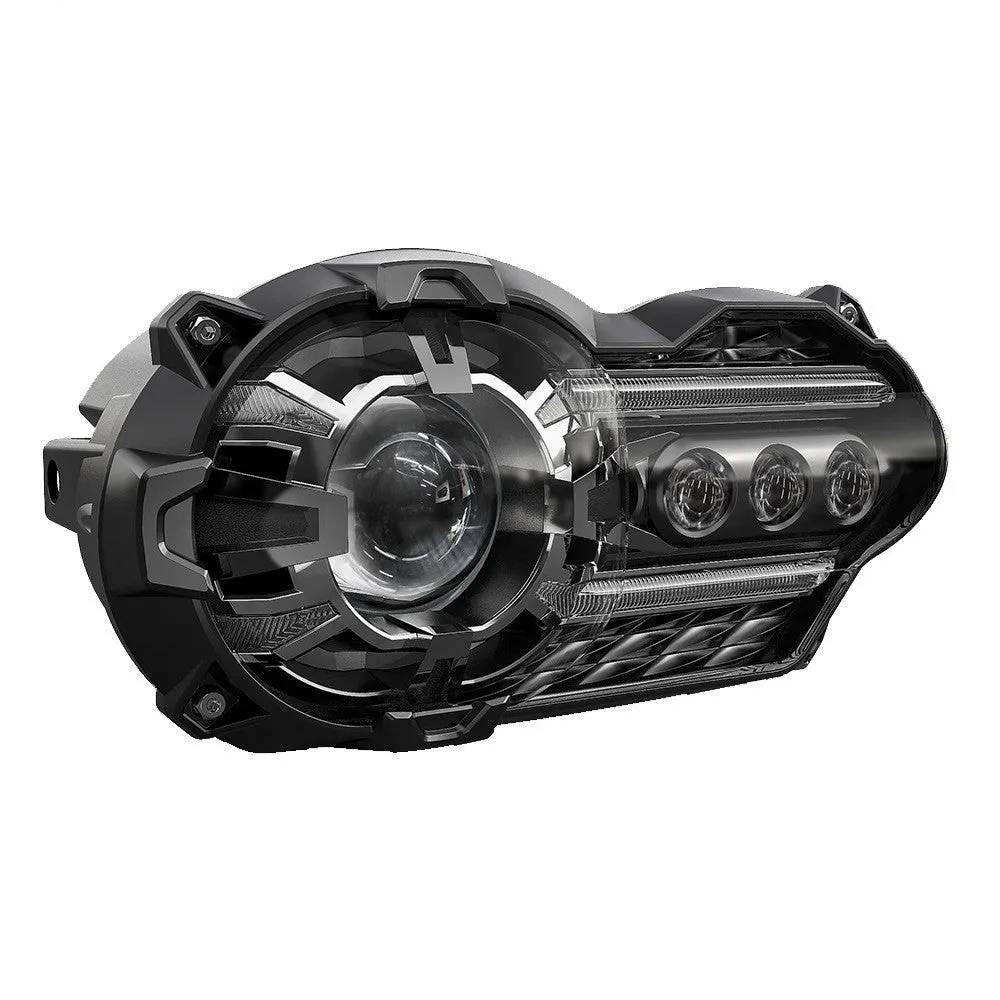 Black LED motorcycle headlight unit showing dimensions of 267mm width and 127mm height.